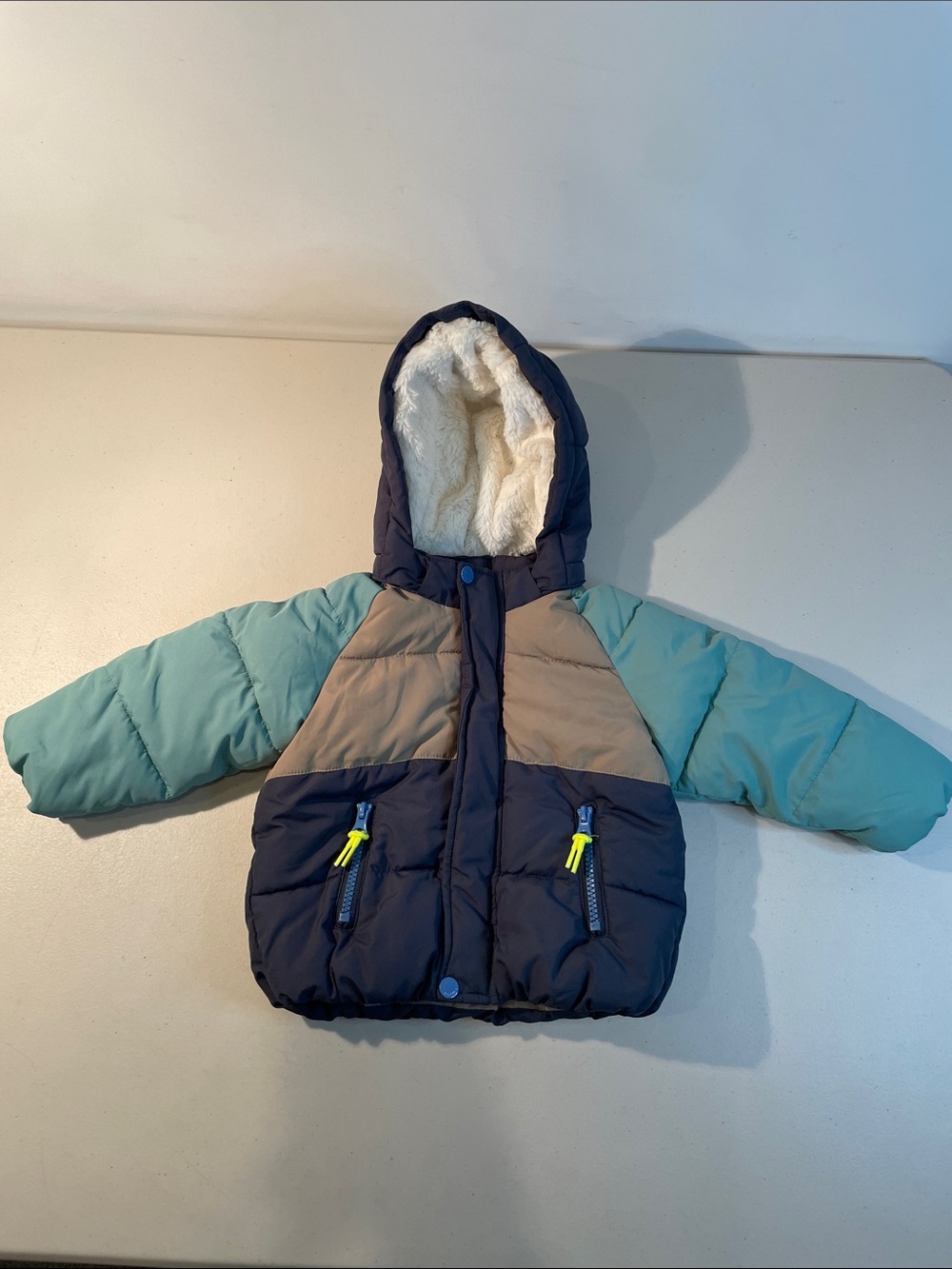 H&M Baby Colorblock Puffer Jacket Sherpa Hood 9 Months Blue Tan Boy Girl